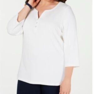 NWT Karen Scott Plus Size Cotton Split-Neck Top, Bright White